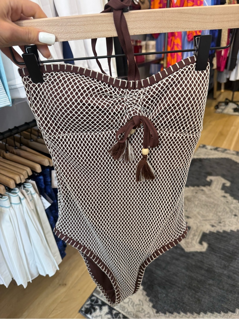 Lucky Brand Coconut Brown & Cream Crochet One-Piece Swimsuit